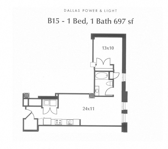 Floor plan for 1 bed, 1 bath, 697 sqft
